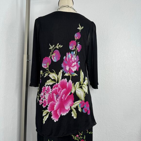 Foral Flower Mesh Flowy Layered Black Tunic Top Half Sleeves Lagenlook - Picture 6 of 7